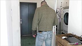 Young German Student in Leggings Deepthroats and Swallows Two Big Cocks