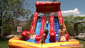 Let's toy those pussies and asses at outdoor gangbang lesbo party