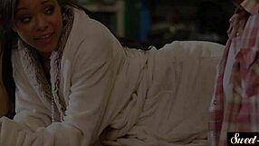 Classy ebony teen rides stepdad's dick in cowgirl position with heels.