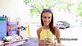 Slim teen bangs huge dick outdoor in public group