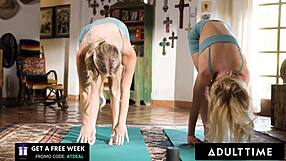 Stepmom seduces stepdaughter into lesbian sex during yoga