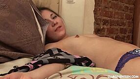 kinky brunette teen toys her unshaved pussy softly