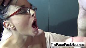 I love how this sexy babe in glasses takes my cock deep down her throat