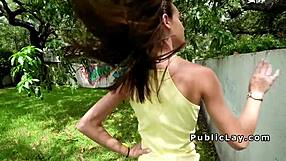 Slim teen bangs huge dick outdoor in public group