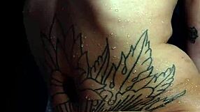 Wow, hot tranny squirting backstage with tattoos!