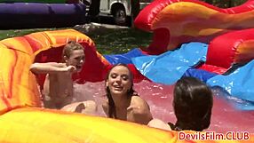Let's toy those pussies and asses at outdoor gangbang lesbo party