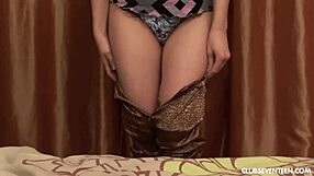 kinky brunette teen toys her unshaved pussy softly