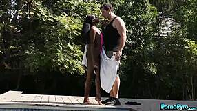 Petite black anne amari deepthroats big cocks in pool threesome!