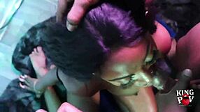 Dark hazel deepthroats and swallows two fat cocks