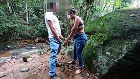 Naughty teen gives blowjob and takes ass fucking in waterfall