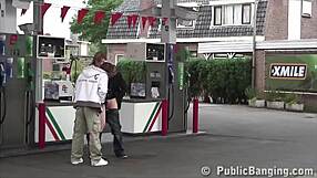 very pregnant girl joins public gangbang threesome at gas station with bold group action