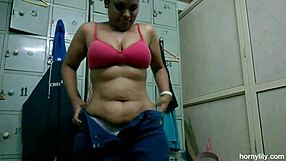 Big boobs tamil indian maid lily, changing bra and panty in bathroom, fingering shaved pussy until squirting.