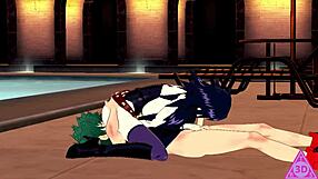 Deku and Midnight in hentai sex with blowjob, handjob, and cumshot.