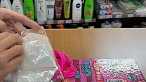 Asian ladyboy flaunts new thong in convenience store 😏