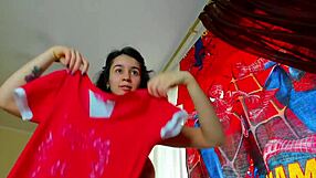 mylaangel in tight clothes presses big tits, sucks nipples hard!