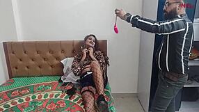 Horny Indian uses dildo vibrator on sexy girlfriend's tight pussy before fucking her hard in bedroom.