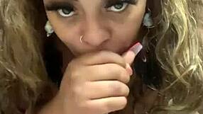 Intense licking and sucking on dildo in pov solo homemade video with wet black beauty