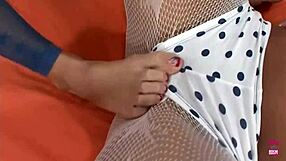 Blonde And Brunette In Lingerie Perform Footjob For Tattooed Guy