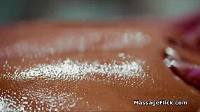 Beautiful masseuse fingers and seduces housewife on desk.