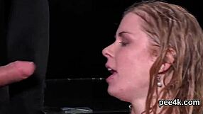 Stunning beauty receives warm piss filling her juicy snatch, splattering everywhere