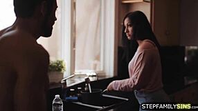 brunette stepmom casually gives blowjob to stepson while licking and kissing