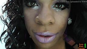 Solo Black Tranny in Stockings and Bikini Strokes Her Thick Cock