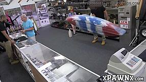 Little redhead temptress fucks for cash in hidden pawnshop voyeur scene