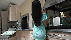 petite asian without panties preparing food in kitchen