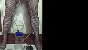Portable Cow Milking Machine Used in Homemade Lactating Scene with Thong and Stockings