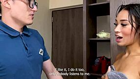 Nerdy boy loses virginity to big ass brunette stepsister in parents bed.