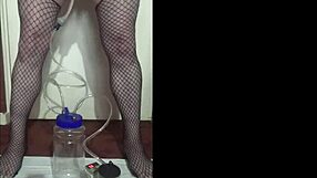 Portable Cow Milking Machine Used in Homemade Lactating Scene with Thong and Stockings