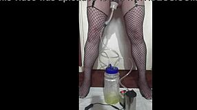 Portable Cow Milking Machine Used in Homemade Lactating Scene with Thong and Stockings