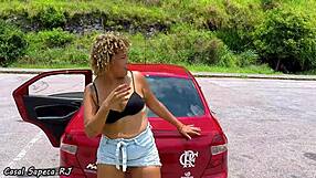 brazilian milf steps out of car for public fun in the heat