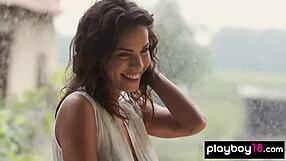 bombastic busty hungarian babe natalie costello strips naked in rain