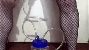 Portable Cow Milking Machine Used in Homemade Lactating Scene with Thong and Stockings