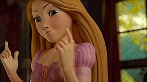Blonde Rapunzel probeert voetjob op lul in 3D animatie