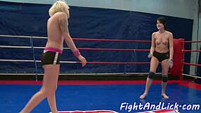 tattooed dyke wrestles euro babe in lesbian oral session
