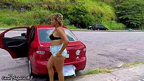 brazilian milf steps out of car for public fun in the heat