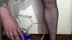 Portable Cow Milking Machine Used in Homemade Lactating Scene with Thong and Stockings