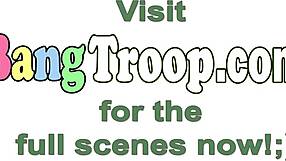 Gay jock cums on hunk's face after blowjob.