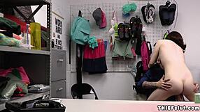 Sulky brunette teen thief caught in shop. Gives blowjob before her tiny pussy gets roughly destroyed