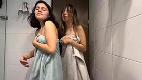 while husband cooks eggs, stepsister joins me in shower for fun