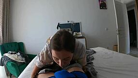 Pretty woman takes cock deep in throat, sloppy blowjob with ball licking.