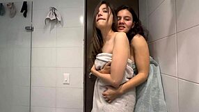 while husband cooks eggs, stepsister joins me in shower for fun