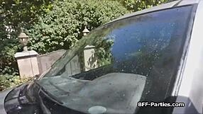 Three sluts at car wash party get wet and ready for hardcore foursome blowjob action