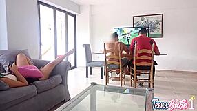 while my husband plays games, his father fucks me hard in the living room corner, filling my pussy with cum