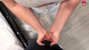 Blonde, are you ready to suck that big dick? Then handjob and cowgirl until cum on big tits!