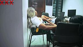 Lucky teacher gets help from two college girls in his office.