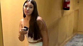 Pretty skinny brunette with big tits and ass sharing bed in hotel room. Suddenly riding monster cock after morning jerk off.