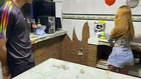 Couple enjoys cowgirl creampie in kitchen